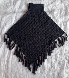 Black Knit Poncho with Fringe
