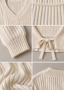 CREAM RIBBED V-NECK TIE-BACK CROPPED SWEATER