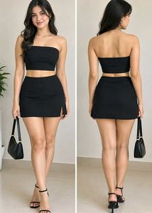 Chic Black Bandeau tube  Top & Mini Skirt Set