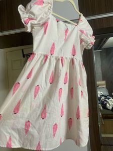 White Cotton Dress with Pink Leaf Print