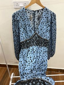 Ditsy Floral Pastel Blue-Black Print Midi Dress