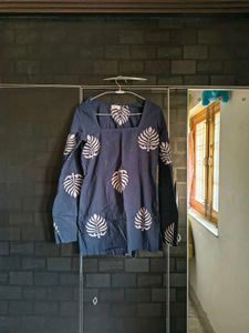 Stylish Navy Blue Leaf Print Kurta