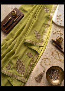 Elegant Olive Green Embroidered Saree