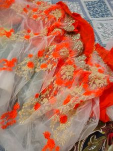 Vibrant Orange &amp; White saree with blouse pc