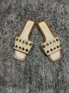Zara Cream Eyelet Gold Tone Flat