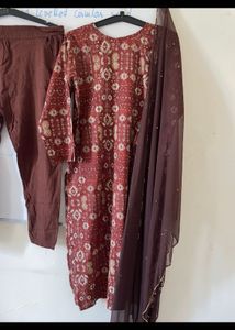 Maroon Printed Kurta with Pants and Dupatta