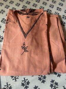 Peach Embroidered Cotton Kurta Set