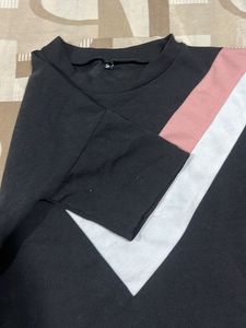 Stylish Black Top with Pink and White V-Neck