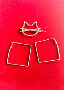 Cute Cat Hair Clip & Square Hoop Earrings Set