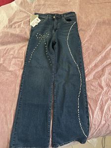 Embellished Wide Leg Denim Jeans