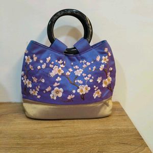 Embroidered Silk Handbag with Bamboo Handle