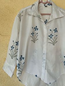 White Floral Print Button-Up Shirt