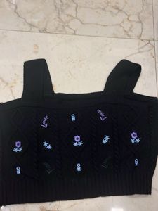 Black Embroidered Knit Crop Top