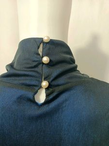 Blue Mesh Sleeve Turtleneck Top
