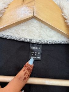 Black Faux Suede Sherpa Jacket check details