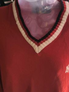 Red V-Neck Sweater with Striped Trim