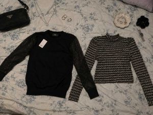 Sparkly Sleeve Black Sweater & Textured Top Set
