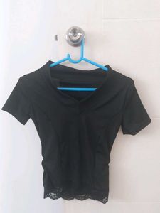 Black Lace Trim V-Neck Top