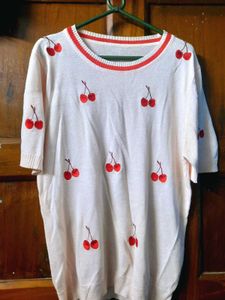 Cute Cherry Embroidered Shimmery Knit Top