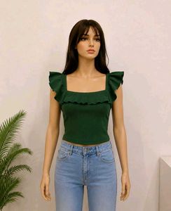 Emerald Green Ruffle Square Neck Crop Top