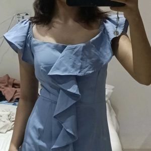 blue Ruffled Off-Shoulder Dress