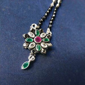 PureSilver Single Line Green&amp;Pink Stone Mangalsutr