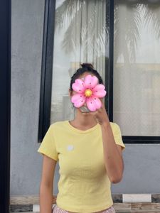 Cute Yellow Ribbed T-Shirt with Heart Applique
