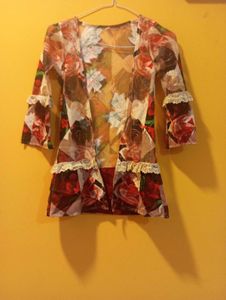 Sheer Floral Print shrug with Lace Trim. Vintage