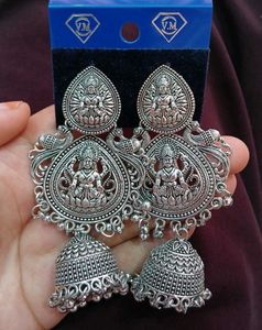 Maa Lakshmi Temple Design Oxidized Jhumka Earrings