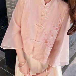 Elegant Pink Embroidered Mandarin Collar Blouse