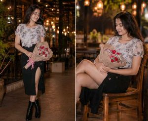 Elegant Floral  &amp; Black Skirt Set