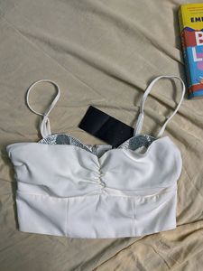 Bershka White Glitter Trim Crop Top