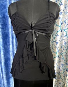 Chic Black Ruffle & Bow Camisole Top