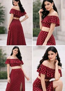 Red Polka Dot Co-ord Set with Slit skirt