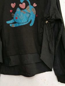 Cute Blue Cat Black Long Sleeve Top