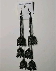 Long Tessle Oxidised Jhumka Earrings