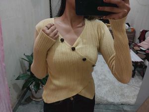 Yellow Ribbed Cropped Cardigan Body Top