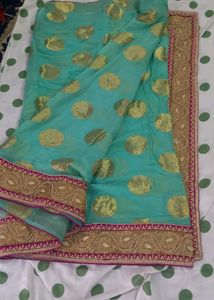 Beautiful Teal Saree with Gold Motifs