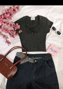 Dark Grey Ribbed Henley Top