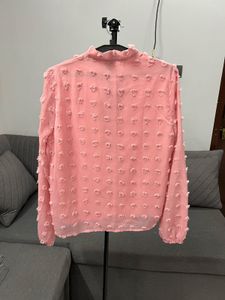 Shein Pink Textured Bow Blouse