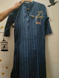 Prakriti Navy Striped Round-Neck Collared Straight