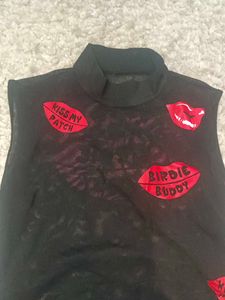 Sheer mesh Black Top with Kiss Patches
