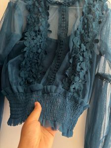 Elegant Blue Lace Trim Sheer Top