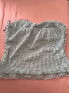 Pleated Strapless Tube Top with Lace Trim