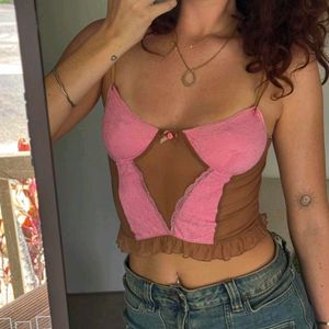 Cute Pink & Brown Lace Corset Top