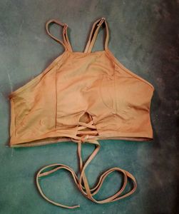 Boho Lace-Up Halter  Crop Top With Attached Bra