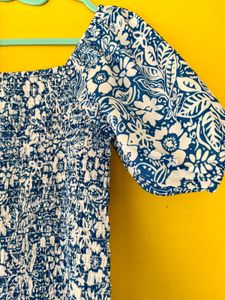Blue Floral Midi Dress, size S, stretchable.