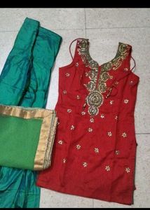 Embroidered Red Kurta with Green Salwar