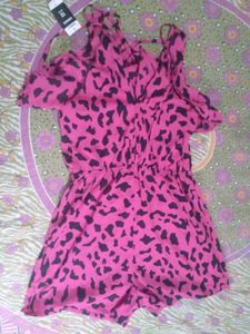 Pink Leopard Print Cold Shoulder Romper