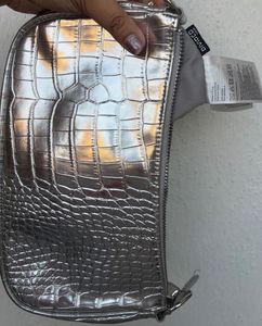H&amp;M Silver Crocodile Textured Shoulder Bag